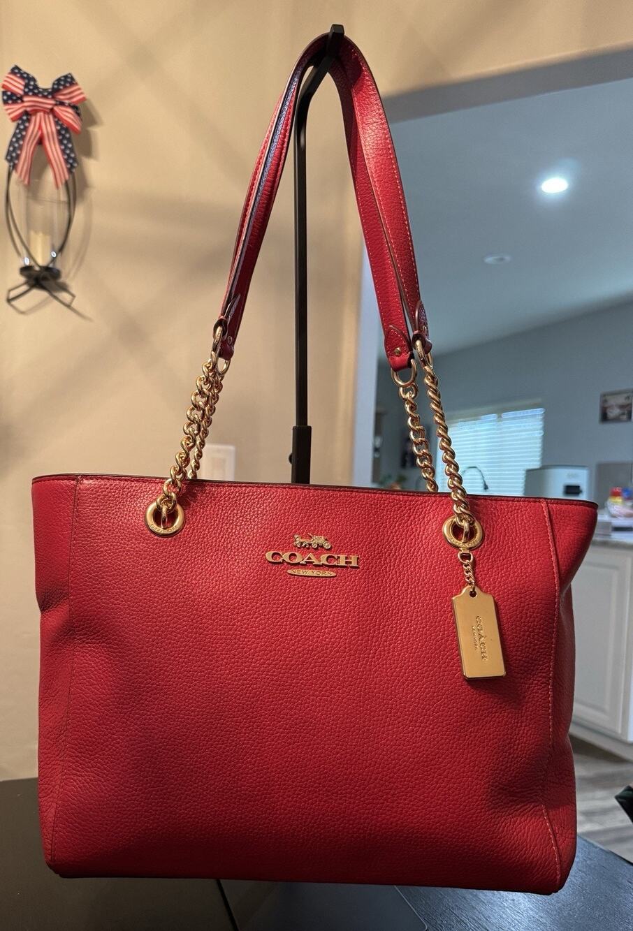 Coach Cammie Chain Tote Bag In Red Pebbled Leather